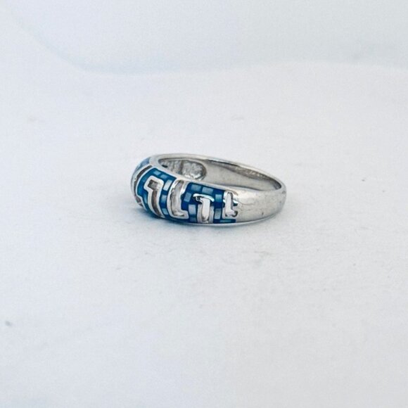 925 Sterling Silver Enamel Band Ring Blue Greek Key Design Size 7.75 - Picture 5 of 11